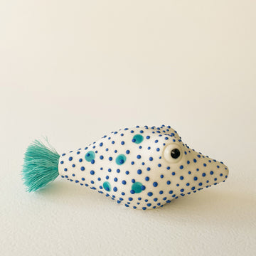 Pufferfish Porcelain Sculpture- Small in White, Blue and Turquoise