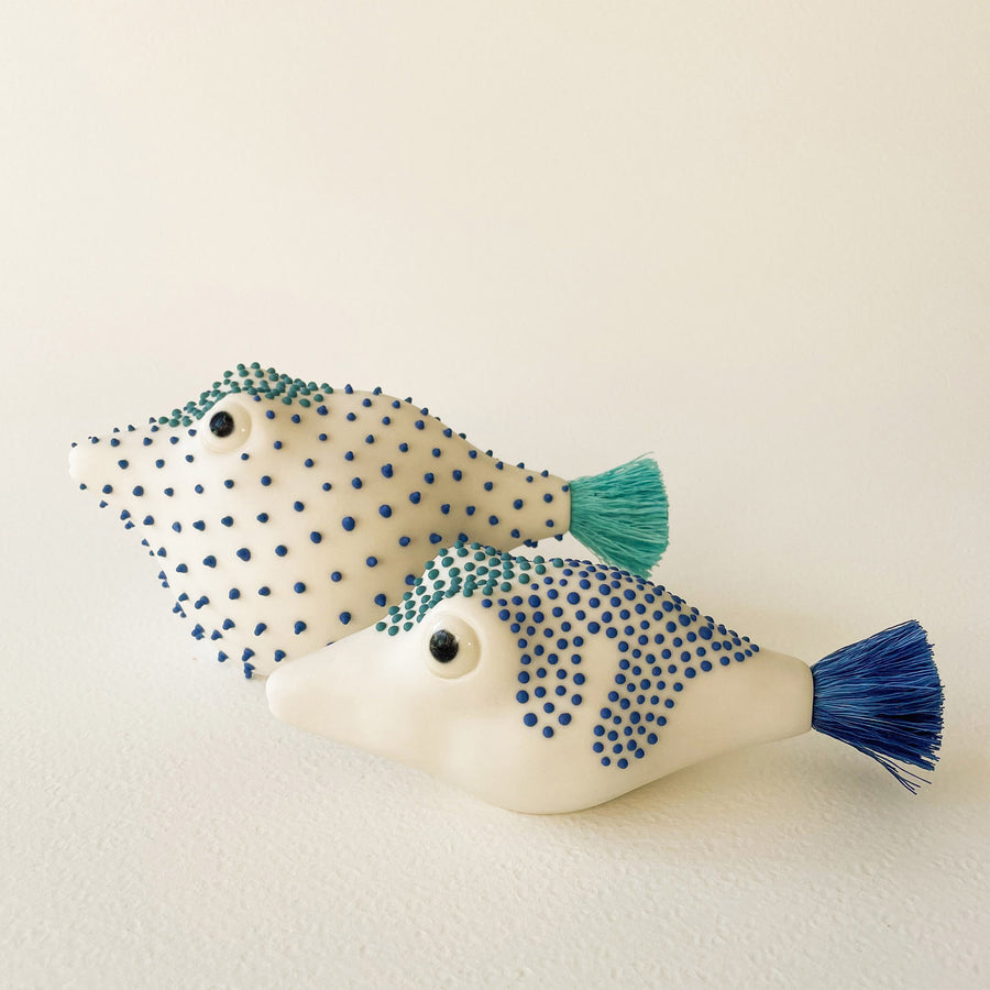 Pufferfish Porcelain Sculpture- Large in White, Turquoise and Blue
