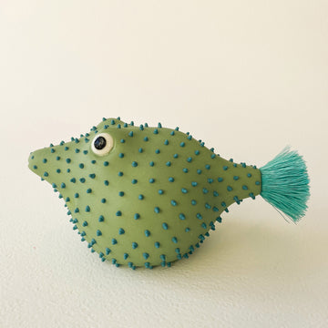 Pufferfish Porcelain Sculpture- Large in Green and Turquoise