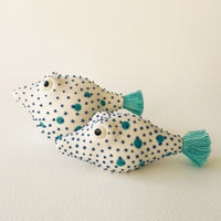 Pufferfish Porcelain Sculpture- Large in White, Blue and Turquoise