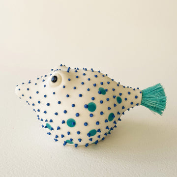 Pufferfish Porcelain Sculpture- Large in White, Blue and Turquoise