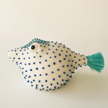Pufferfish Porcelain Sculpture- Large in White, Turquoise and Blue