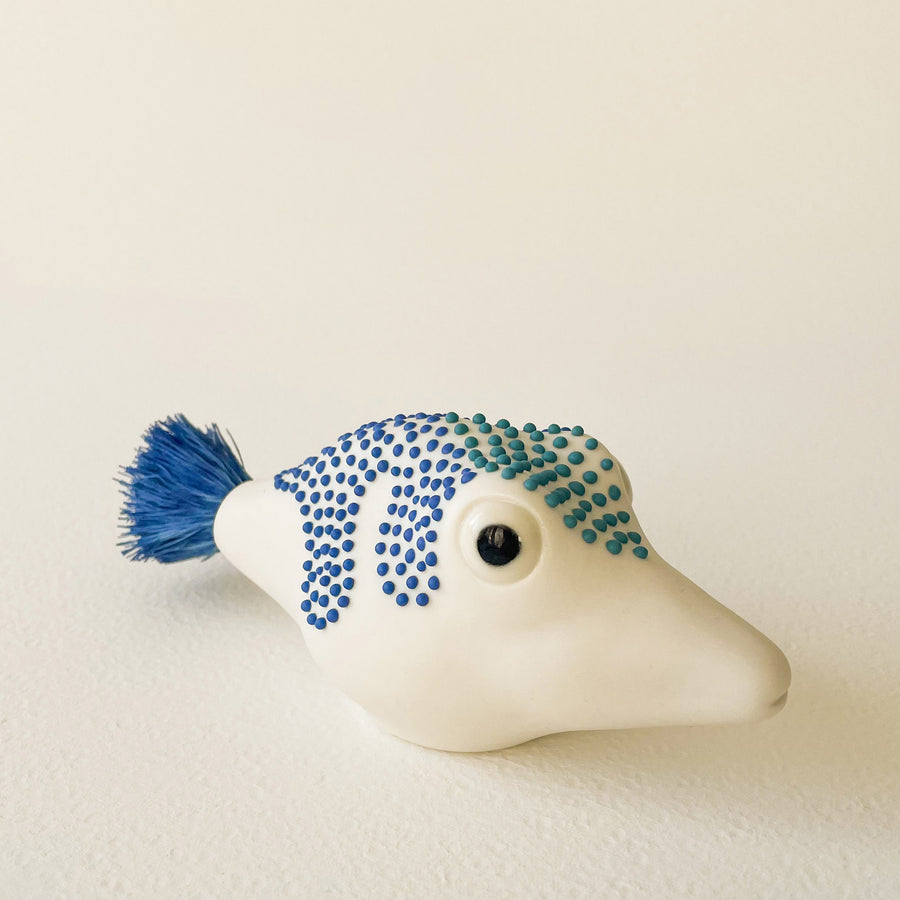 Pufferfish Porcelain Sculpture- Small in White, Turquoise and Blue