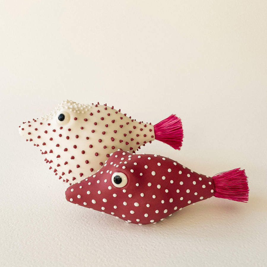 Pufferfish Porcelain Sculpture- Small in Maroon and White