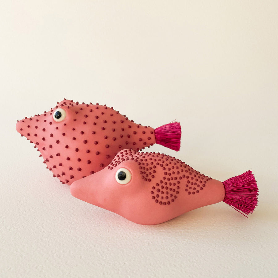 Pufferfish Porcelain Sculpture- Large in Pink and Maroon