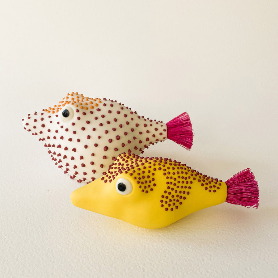 Pufferfish Porcelain Sculpture- Small in Yellow and Maroon